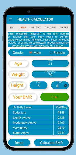 BMI-BMR-Weight-Calo Calculator Screen 2