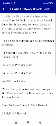 Device sim unlock codes guide Screen 2