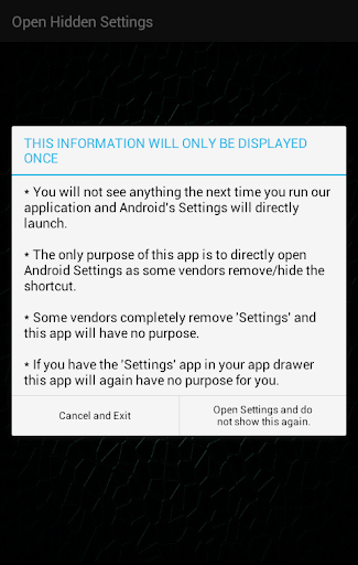 Android application Open Settings (shortcut to set screenshort