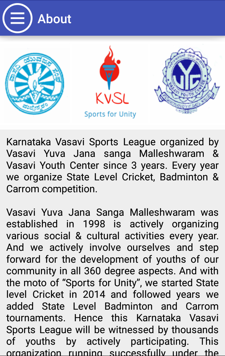 Android application Karnataka Vasavi Sports League screenshort