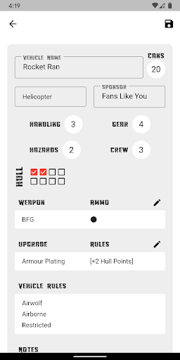 Gaslands Vehicle Editor Screen 2