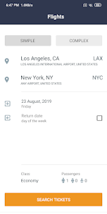 Skärmdump av app för bokning av alla flygbiljetter