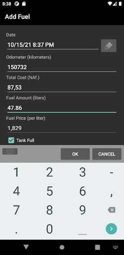 Android application Fuel Log screenshort