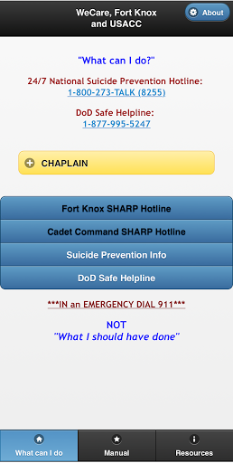 Android application WeCare, Fort Knox and USACC screenshort