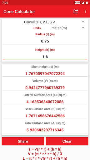 Android application Cone Calculator screenshort