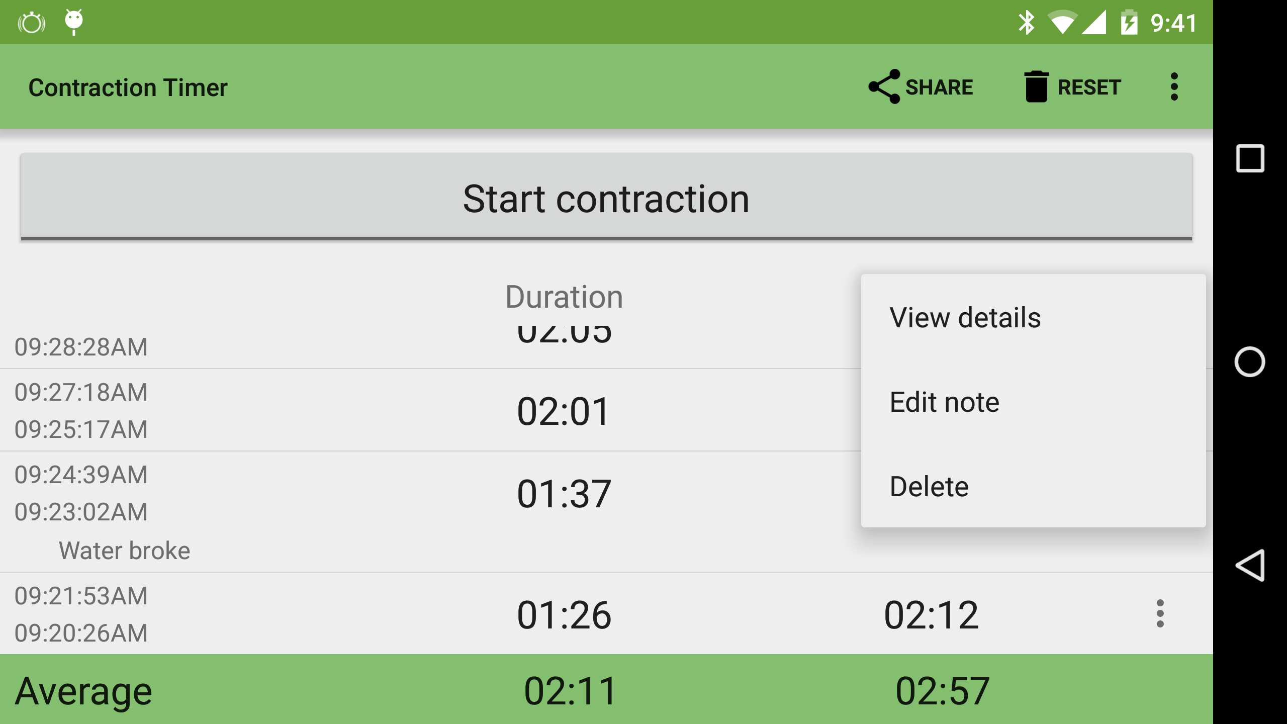 Android application Contraction Timer screenshort
