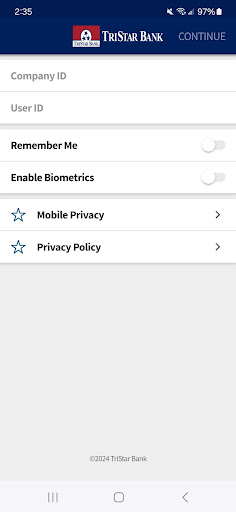 Android application TriStar Bank Business screenshort