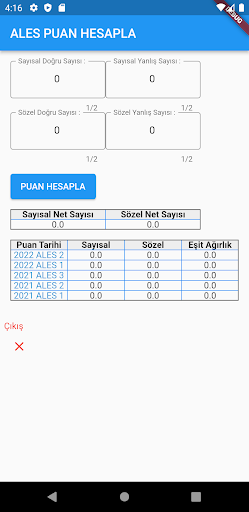 Android application ALES Puan Hesapla screenshort