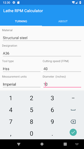 Lathe RPM Calculator Screen 2