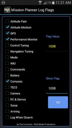 Android application Mission Planner Log Flags screenshort