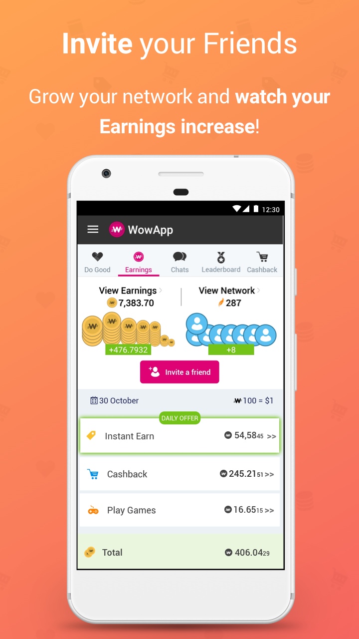 Android application WowApp - Earn. Share. Do Good screenshort