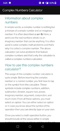 Complex Numbers Calculator Screen 2