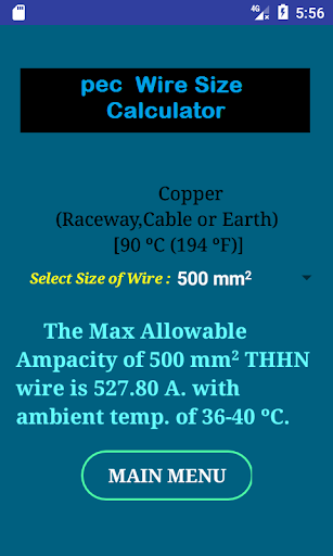 PEC Conductor Size Calculator Screen 3