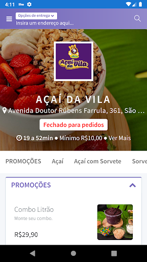 Android application Açaí da Vila screenshort