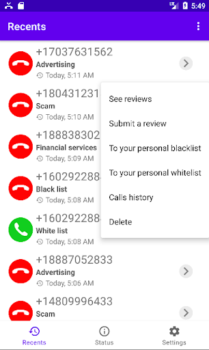 Screenshot of Call Filter