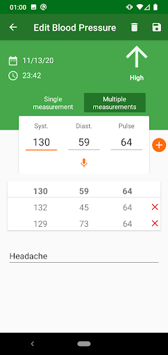 Blood pressure diary Screen 2