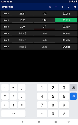 Unit Price Comparison Screen 3