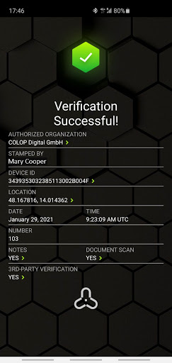 COLOP Verification App Screen 2
