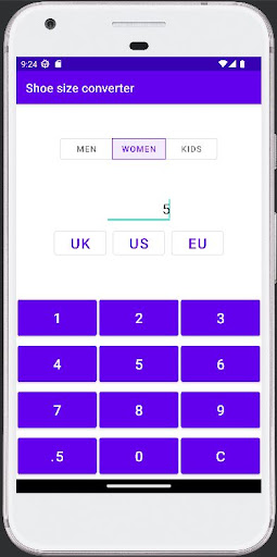 Android application Shoe size converter screenshort