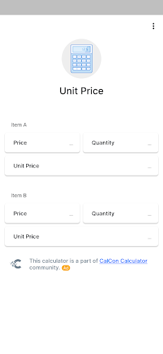 Android application Unit Price Calculator screenshort