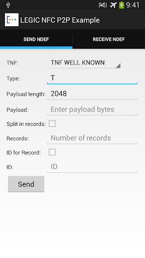 Android application LEGIC NFC P2P Example screenshort