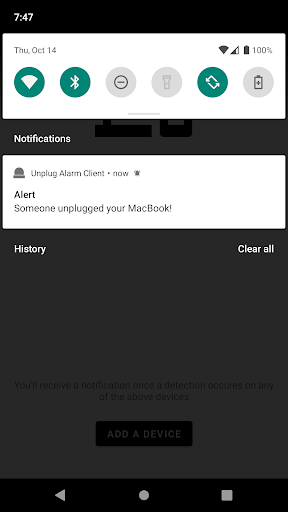 Unplug Alarm Client Screen 2