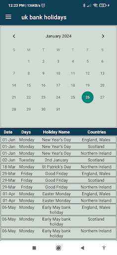 Android application UK Bank Holiday 2024 screenshort
