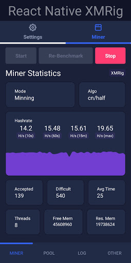 React Native XMRig Screen 3