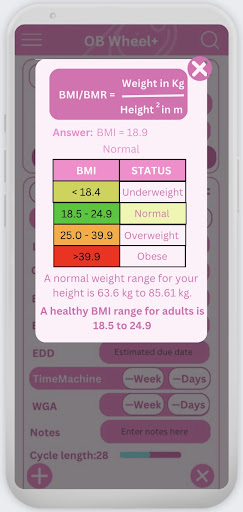 OB Wheel+: BMI, Pregnancy calc Screen 3