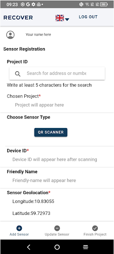 RecoverSensorApp Screen 2