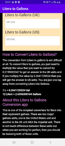 Liters to Gallons (Gal) Screenshot