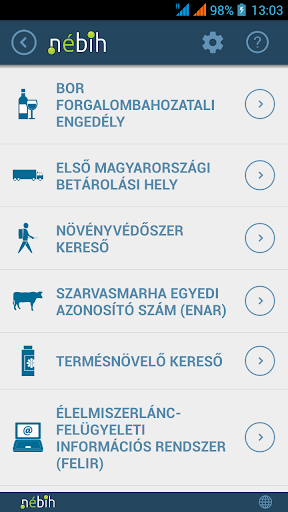 Android application NÉBIH Adatbázisok modul screenshort