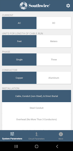 Screenshot of Southwire Voltage Drop