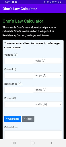 Android application Ohm's Law Calculator screenshort