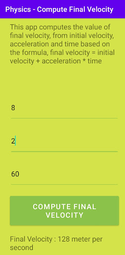 Android application Physics - Compute F. Velocity screenshort