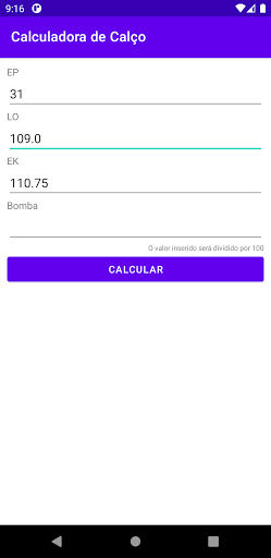 Android application Calculadora de Calço screenshort