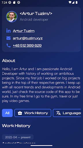 Android application Artur Tuzim - Android Dev CV screenshort