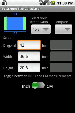 Android application TV Screen Size Calculator screenshort