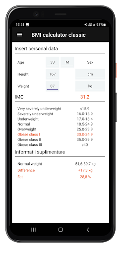 Android application BMI calculator classic screenshort