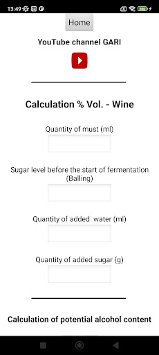 Calculation of alcohol content Screen 2