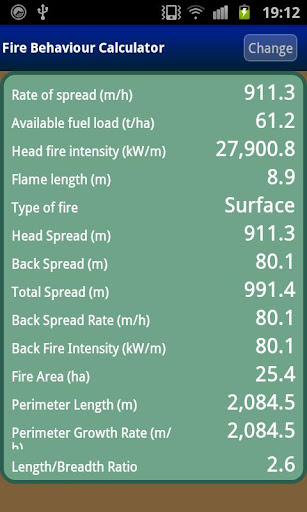 Fire Behaviour Calculator Screen 2