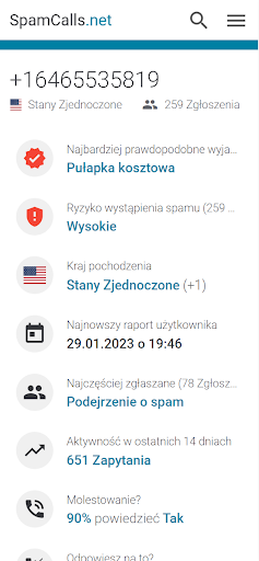 Android application SpamCalls: Zgłoś numer spamu screenshort