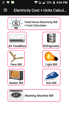 Android application Electricity Cost, Units and Bi screenshort