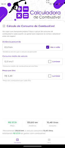 Android application Calculadora de Combustível screenshort