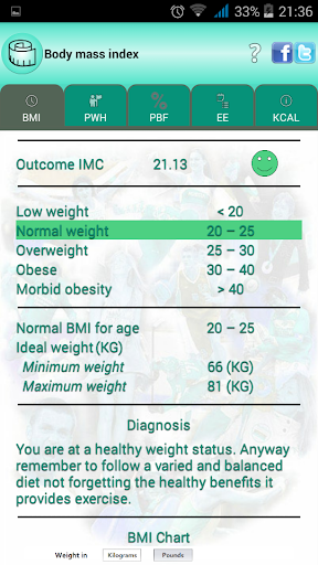BMI Ideal weight and calories Screen 2
