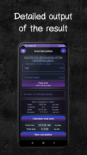 Turning part area calculator Screen 3