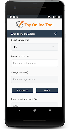 Android application Amps to Kw Calculator screenshort