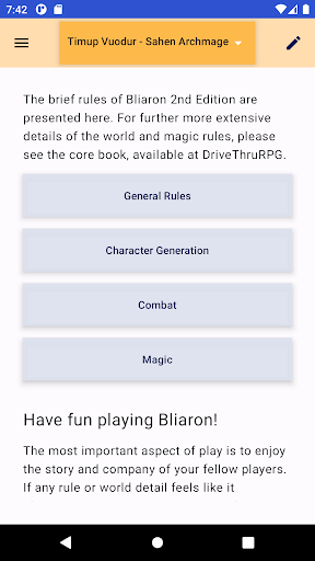 Android application Bliaron Character Sheet screenshort