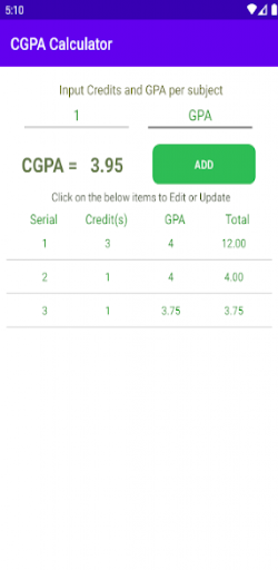Android application CGPA Calculator screenshort