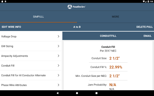Screenshot of SIMpull 600V Calculator